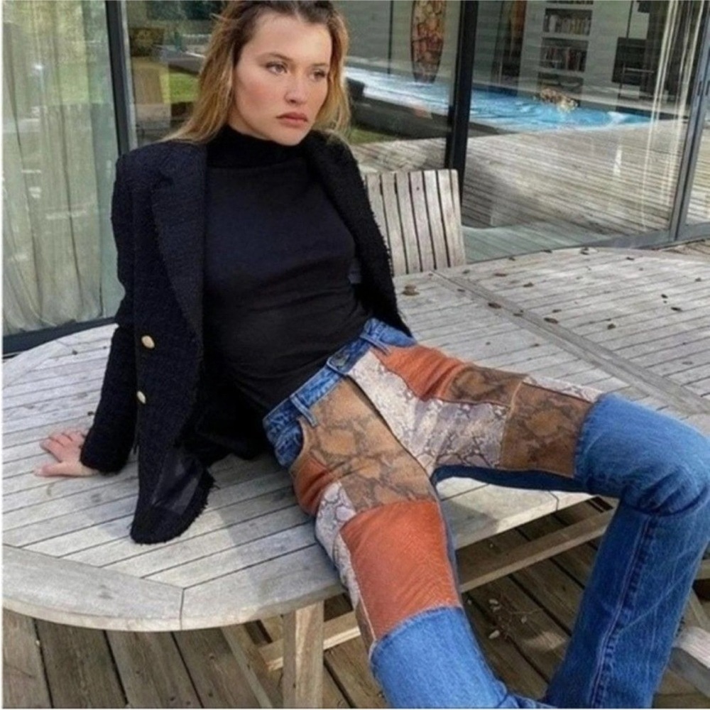 NEW! FRAME Le Mini Boot Patchwork Snakeskin Jeans Leather Western Boho Size 26